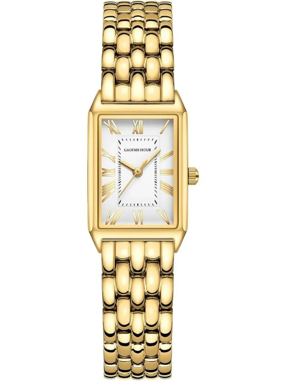 Vintage Gold Women's Watch, Rectangular Case, White Roman Dial, Stainless Steel
